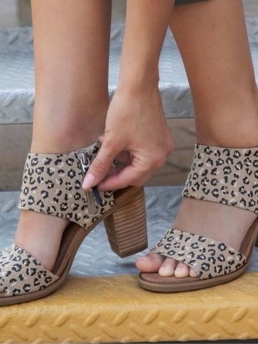 Toms Leopard Print Block Heel Sandals - Beige Black